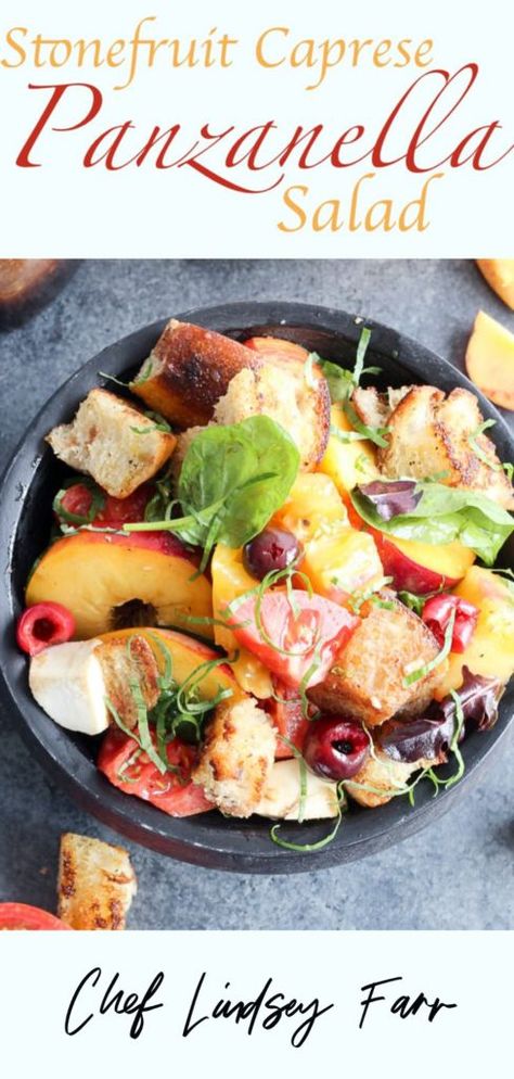 Stone-Fruit-Caprese-Panzanella-Salad is the perfect side dish for summer! Make this delicious fruit salad for lunch or to bring to a potluck. Picnic Side Dishes, Panzanella Salad, Bread Salad, Vegan Main Dishes, Juicy Tomatoes, Stone Fruit, Summer Salad, Crusty Bread, Healthy Dishes