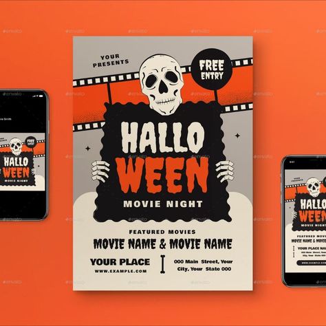 Gray Orange Flat Design Halloween Movie Night Flyer Set Night Graphic Design, Movie Night Halloween, Movie Night Flyer, Night Movie, Halloween Movie Night, Halloween Flyer, Halloween Movie, Halloween Fonts, Creative Fonts