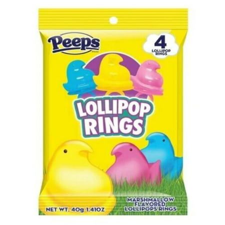 Peeps 4pk Lollipop Rings are a great basket stuffer item! Each bag comes with 4 lollipop rings flavored like marshmallows and shaped like a Peeps Chick. Great Easter basket stuffer. Size: 1 Bag.  Color: Multicolor. Easter Egg Hunt Prizes, Easter Fundraiser, Peeps Flavors, Fruit Gushers, Squishy Ideas, Lollipop Ring, Peeps Candy, Easter Marshmallow, Paper Squishy