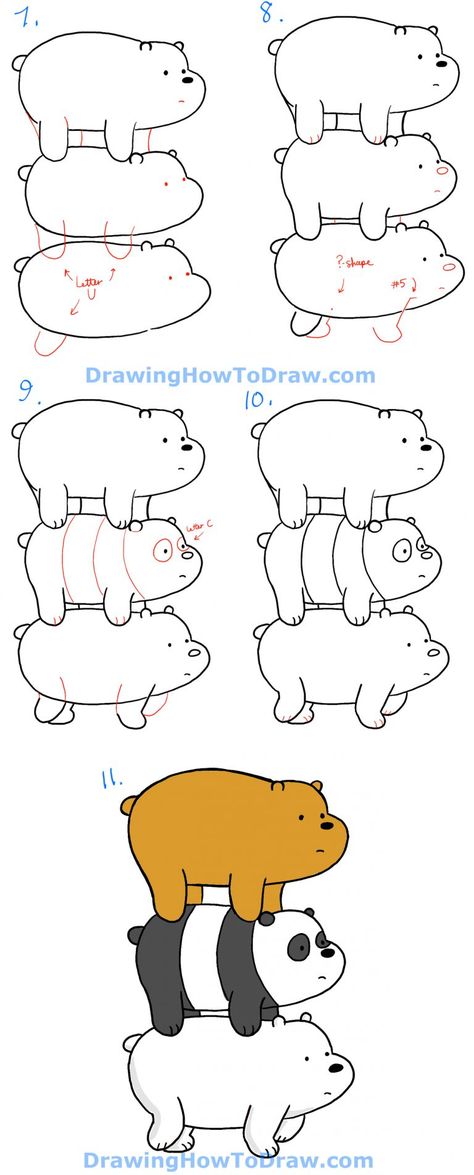 How to Draw Grizzly, Panda and Ice Bear from We Bare Bears Bearstack – How to Draw Step by Step Drawing Tutorials Easy Drawings And Paintings, Tv Cartoon Drawings, How To Draw Panda, Mine Drawing, Easy Cartoon, We Bare Bears Wallpapers, Easy Cartoon Drawings, Ice Bear, Bear Drawing