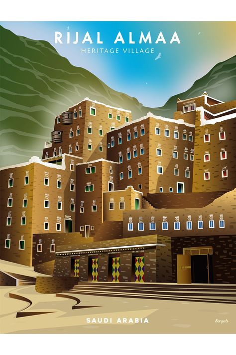 Just finalized a poster of Rijal Almaa a village located in the Rijal Almaa province, 'Asir Region, Saudi Arabia.
Rijal Almaa contains around 60 multi-story buildings made of stone, clay and wood. 
 In January 2018, the Saudi Commission for Tourism and National Heritage (SCTH) has given Rijal Almaa the right to file for the UNESCO World Heritage Center. Abha Saudi Arabia, Saudi Arabia Culture, Dji Mavic Mini, Mavic Mini, Art Deco Paintings, Cake Logo Design, Arabian Art, Graphic Design Images, Drawing Cartoon Characters