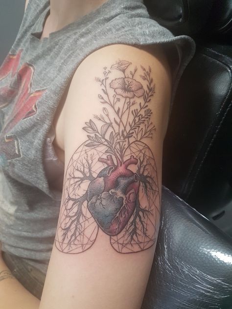 Heart and lung tattoo with geometric shapes Heart And Lungs Tattoo, Huntress Tattoo, Lung Tattoo, Healthcare Tattoo, Human Heart Tattoo, Anatomical Tattoos, Inside Of Arm Tattoo, Anatomy Tattoo, Brain Tattoo