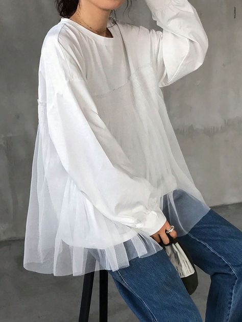 FRIFUL Women's Solid Color Casual Long Sleeve Mesh Panel T-ShirtI discovered amazing products on SHEIN.com, come check them out! Long Sleeve Loose Blouse, Fairy Fashion, Cosplay Dress, Loose Blouse, Women T Shirts, Mesh Panel, Inspiration Mode, Kids Sleepwear, White Casual