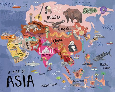 Aesthetic Geography, Asian Maps, Continents Of The World, World Map Continents, Maps Aesthetic, Asia Continent, Illustrated Maps, Travel Collage, Asia Map