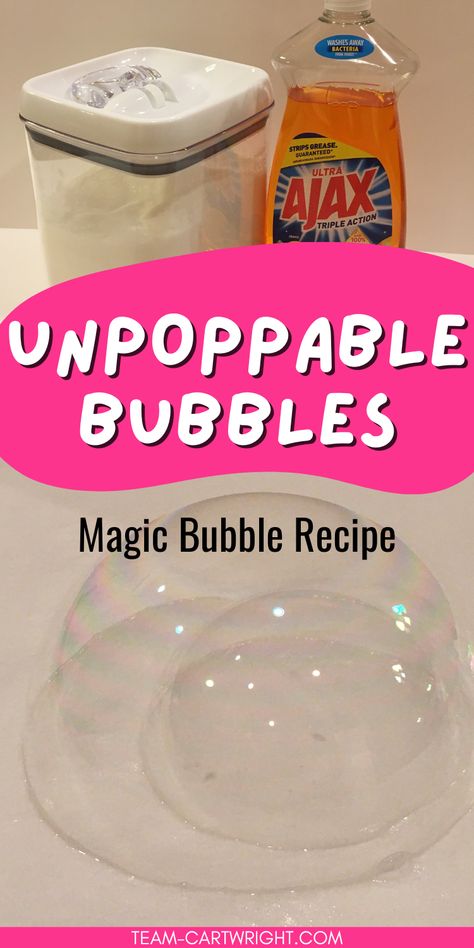 Text: Unpoppable bubbles Magic Bubble Recipe
Top Picture: Cannister of sugar and bottle of orange dish soap
Bottom Picture: bubble blown inside another bubble No Pop Bubbles Recipe, Glycerin Bubble Recipe, Magic Unpoppable Bubbles, Bubble Solution Recipe Diy, Super Bubbles Recipe Homemade, Diy At Home Games For Kids, Stream Activities For Kindergarten, Magic Bubbles Recipe, Fun Pre K Crafts