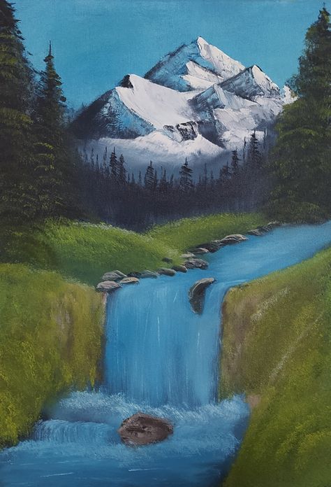 A Bob Ross painting done by Hayanse Bob Ross Waterfall Paintings, Bob Ross Landscape Paintings, Bob Ross Paintings Tutorials Easy, Painting Bob Ross, Bob Ross Landscape, Bob Ross Art, Art Homework, Bob Ross Paintings, Oil Pastels Painting