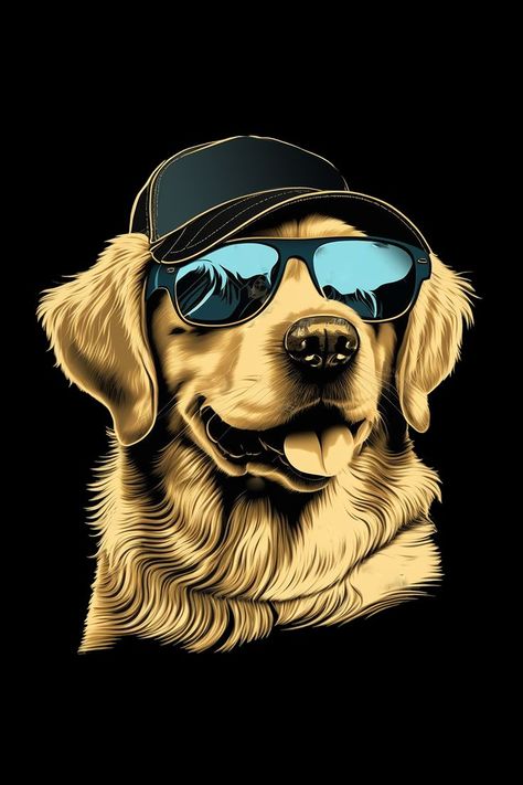 A Golden Retriever wearing sunglasses. This cool dog vector style illustration will be perfect gift for a proud mom or dad or anyone who are Golden Retrievers. Golden Retriever Wallpaper, Sunglasses Illustration, Dog Boarding Facility, Golden Retriever Art, T Shirt Design Ideas, T Shirt Logo Design, Dog Pop Art, Shirt Logo Design, Instagram Graphics