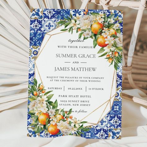 Orange Fruit Floral Mediterranean Tiles Wedding Template Mediterranean Wedding Invitations, Watercolor Oranges, Mediterranean Tiles, Destination Wedding Invitation, 21 Diner, Geometric Wedding Invitation, Stationery Ideas, Mediterranean Wedding, Mediterranean Tile