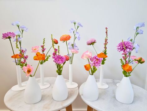 This offers a simple and affordable way to enhance your tablescape effortlessly with our premium silk wildflowers. Item includes a mix of flowers and buds customised for your in your colour palette.  🌸What is included: A mix of flowers and buds in your colour scheme & style. Stem length range from 8-15 inches, these can be cut to size to suit your vases. Vases are not included.  🌸If you have any other customisation requests (flowers, colours, size), please add this in your order notes.  🌸Even Tall Wildflower Arrangements, Spring Bud Vases Wedding, Wildflower Theme Party, Simple Wedding Flowers Centerpieces, Single Flower Centerpiece, Wildflower Bud Vases, Wildflower Tablescape, Wildflower Wedding Centerpiece, Colorful Bud Vases