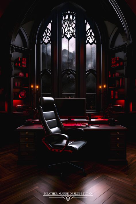 Gothic red and black inspired home office 🖤 Black And Red Bedroom Aesthetic, Vampire Office, Gothic Home Office, Maximalist Home Office, Gothic Office Decor, Black And Red Interior, Gothic Office, Moody Maximalist, Goth Office