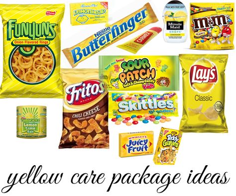 Care Package - yellow theme  (forgot Gushers) Yellow Packaged Snacks, Yellow Themed Snack Basket, Color Theme Party Snacks Yellow, Yellow Snacks Party, Yellow Food Basket, Yellow Color Basket Party, Color Party Basket Ideas Yellow, Yellow Themed Food Ideas, Color Party Yellow Snacks