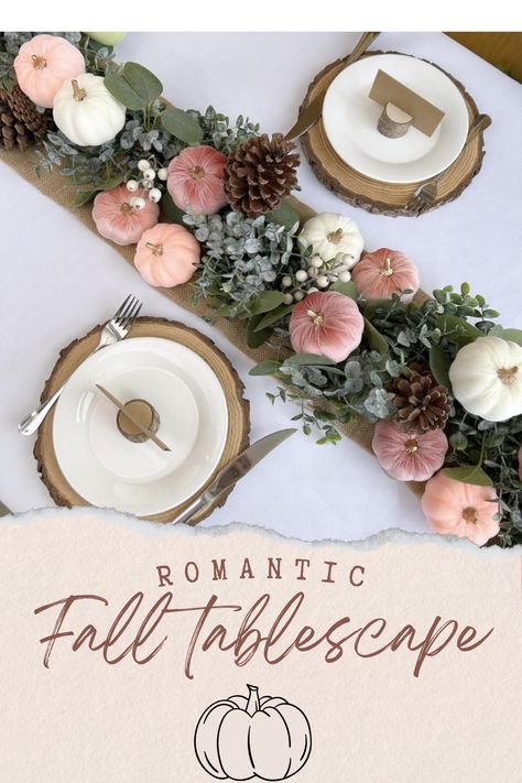 Spice up your tablescape with these cute blush colored velvet pumpkins that add romantic vibes!   #fall #pink #falldecor #homedecor #diningroomdecor #pumpkin #tablescape Pink Fall Florals, Colorful Fall Tablescapes, Pink Glam Fall Decor, Pink Fall Mantle Decor, Velvet Pumpkin Tablescape, Mauve Fall Decor, Pink Fall Party, Blush Fall Decor, Pink Fall Decor