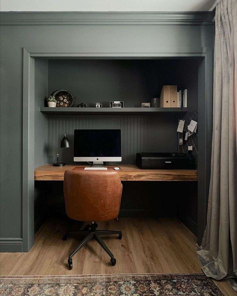 Try These Stylish Closet Offices to Elevate Your Workspace Home Office Mudroom Combo, Home Office In A Closet Ideas, Built In Desk In Closet, Desk Built Into Closet, Basement Office Nook, Office Nook In Kitchen, Tiny Study Room, Office Nook Ideas Small Workspace, Office In Closet