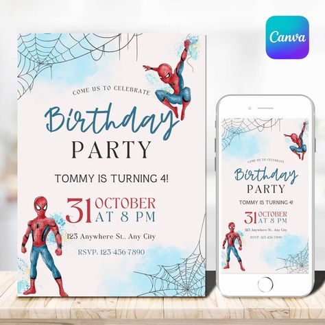 Spider Man Invitation Birthday Party Invite Spidey Birthday Invite Web Editable Template Instant Download Digital - Etsy Spiderman 3rd Birthday Party, Horse Wedding Theme, Spiderman Invitations, Events Background, Fête Spider Man, Spiderman Birthday Party Invitations, Spidey Birthday, Spiderman Birthday Invitations, Third Birthday Invitations