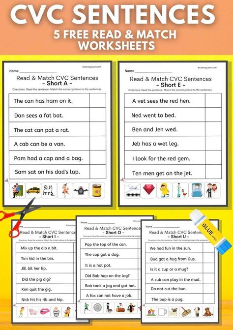 Graphic with all five worksheets on a yellow background, and a photo of the printed worksheets with a glue stick and scissors. Cvc Sentences Worksheets, Cvc Word Fluency, Cvc Sentences, Decodable Sentences, English Language Activities, First Grade Homework, Sentences Kindergarten, Cvc Words Worksheets, Sentence Activities