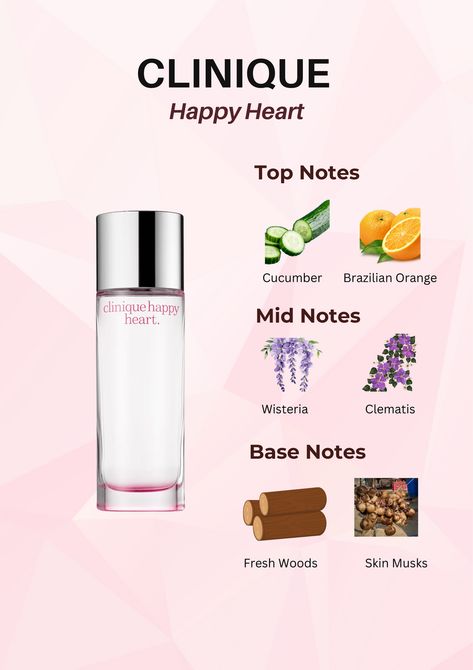 Perfume Lovers | Fragrance Notes | Clinique Happy Heart | Top Notes | Heart Notes | Base Notes | Cucumber Scent | Brazilian Orange | Wisteria | Clematis | Fresh Woods | Skin Musks | Fragrance Collection | Perfume Addict | Scent Of The Day | clinique happy perfume | clinique happy heart | clinique happy perfume for women | clinique happy heart perfume | clinique happy perfume aesthetic | clinique happy in bloom | clinique happy heart perfume for women Clinique Happy Perfume For Women, Wisteria Perfume, Clinique Happy Heart Perfume, Clinique Happy Heart, Diy Perfumes, Yellow Primrose, Heart Perfume, Happy Perfume, Cucumber Scent