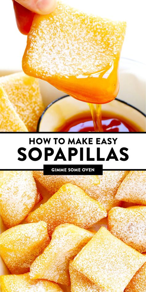 This restaurant-style sopapilla recipe is easy to make at home with pantry ingredients and always a crowd fave. Sprinkle your sopapillas in powdered sugar or dip in cinnamon-sugar -- up to you! | gimmesomeoven.com #sopapillas #dessert #mexican #texmex #donut #frybread #sweet Easy Home Desserts, Mexican Themed Desserts Sweet Treats, Puff Pasty Recipe Dessert, Last Minute Dessert Ideas, Easy Guatemalan Recipes, How To Make Powdered Sugar, Mexican Deserts Easy, Easy Mexican Desserts For A Crowd, Spanish Pastries