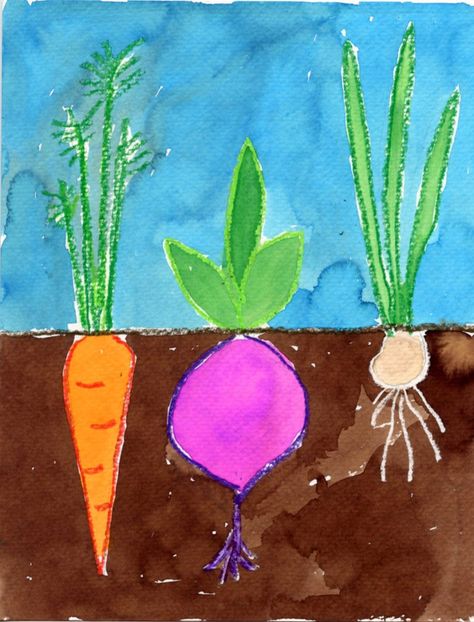 How to Paint Vegetables · Art Projects for Kids Art 2nd Grade, Classe D'art, First Grade Art, Vegetable Painting, Spring Art Projects, 2nd Grade Art, Art Projects For Kids, Garden Watercolor, Elementary Art Projects