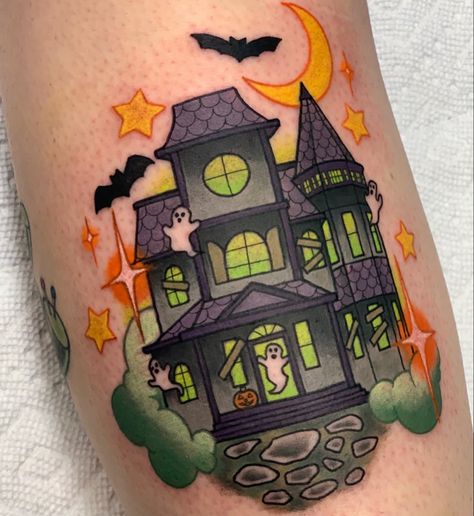 Spooky Cute Tattoo, Vintage Halloween Tattoos, Haunted House Tattoo, Bff Tats, Neat Tattoos, Sick Tattoos, Scene Tattoo, House Tattoo, Witches Familiar