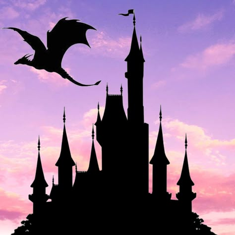 Silhouette art Castle Shilouette Painting, Disney Movie Landscapes, Castle Silhouette Medieval, Disneyland Castle Silhouette, Disney Castle Silhouette, Disney Silhouette Art, Fantasy Inspo, Dragon Moon, Landscape Silhouette