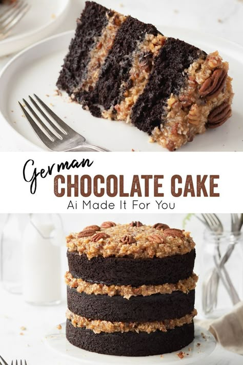 Serves 8 · This gluten-free and dairy-free German chocolate cake can be made as a 6-inch or 8 -inch layer cake! Super moist, rich, and decadent! The coconut pecan filling is incredible!! Gluten Free German Chocolate Cake, Pecan Filling, Super Moist Chocolate Cake, German Chocolate Cake Recipe, Pecan Frosting, Gluten Free Chocolate Recipes, German Chocolate Cake Mix, Gluten Free Chocolate Cake, Cake Frosting Recipe