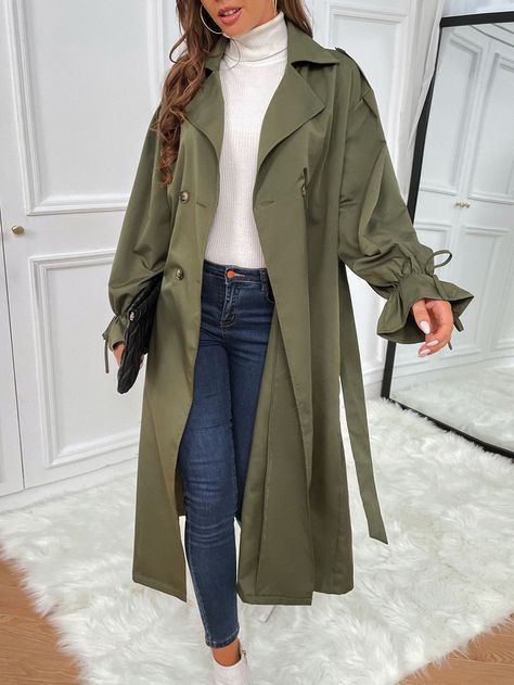 Army Green Casual  Long Sleeve Polyester Plain Regular  Non-Stretch Spring/Fall Women Outerwear Khaki Coat Outfit, Khaki Trench Coat Outfit, Trench Coats Women Outfit, Green Coat Outfit, Trench Vert, Casual Trench Coat Outfit, Coat Outfits For Women, Army Green Outfit, Long Green Coat