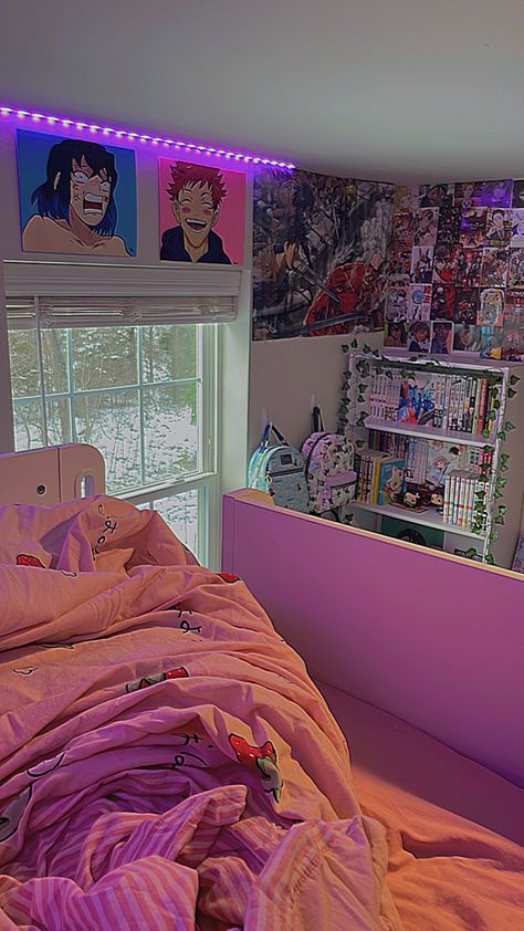 Room Decor Anime Aesthetic, Dream Rooms Anime, Anime Themed Bedroom Aesthetic, Cute Room Ideas Aesthetic Anime, Anime Style Room Ideas, Aesthetic Anime Rooms, Anime Ideas Bedrooms, Anime Room Inspo Aesthetic, Room Anime Ideas