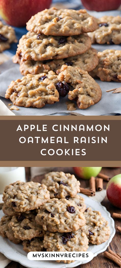 Fall in love with these Apple Cinnamon Oatmeal Raisin Cookies! 🍎🍪 Packed with cozy flavors and wholesome ingredients like oats, raisins, and fresh apples, these cookies are perfect for autumn baking. Get the recipe now and treat yourself to a taste of seasonal sweetness! #FallBaking #CookieRecipes #myskinnyrecipes Apple Cinnamon Oatmeal Cookies Healthy, Cinnamon Raisin Recipes, Apple Oatmeal Raisin Cookies, High Altitude Oatmeal Raisin Cookies, Crumbl Oatmeal Raisin Cookies, Applesauce Raisin Cookies, Desserts With Raisins, Apple Raisin Muffins, Raisin Recipes Easy