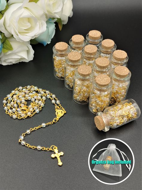 "Each acrylic box contains 12 bottles of rosary in the same color Each rosary has 59 beads and a crucifix cross charm Great gifts as Baptism or Christening favors Light weight yet high quality plated chain Size: total length: 16\"; bead: D-4mm; charm: 0.75\"x0.5\"  Bottle Size :4.3x2.3x2.3cm"