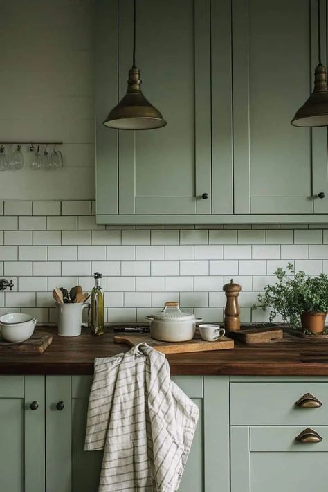 Why Everyone's Obsessed with Green Kitchen Cabinets Right Now! Brown Green Kitchen, Kitchen Joanna Gaines, Kitchen Cabinet Color Schemes, Light Green Kitchen, Green Countertops, Olive Green Kitchen, Black Appliances Kitchen, Green Backsplash, Sage Green Kitchen