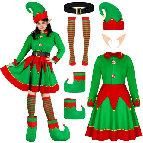 PRICES MAY VARY. Complete Christmas Set - QZYL Elf costume set includes a women's elf dress with a belt, a charming elf hat, trendy elf shoe covers, cozy cotton high-knee socks, and lifelike silicone elf ears. Multiple Options - We offer a selection of four sizes for you to choose from. The dress is designed with candy-shaped buttons and sturdy Velcro closures, allowing the skirt to accommodate various body shapes. However, we recommend measuring your bust size prior to purchase and consulting t Halloween Decorations Party Scary, Christmas Dress Outfit, Christmas Costumes Women, Christmas Elf Costume, Elf Dress, Fancy Christmas, Elf Shoes, Christmas Dress Women, Elf Clothes