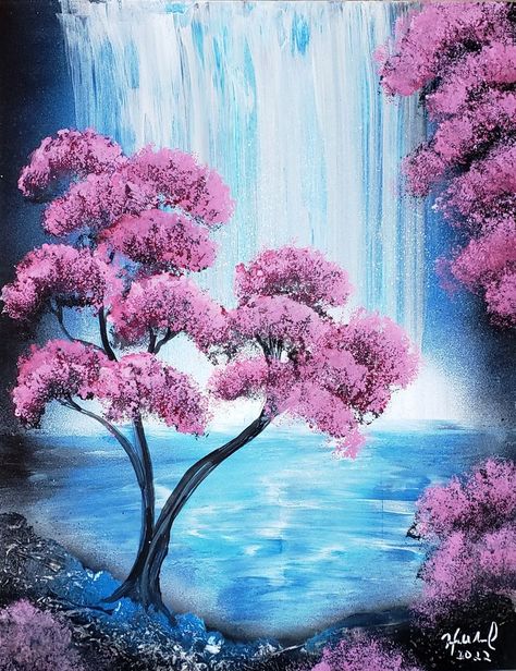 Serene water fall scene with cherry blossoms, created with spray paint. Waterfall Project, Boho Art Painting, 11x14 Poster, Mini Canvases, Cherry Blossom Wallpaper, Paint Inspo, Waterfall Paintings, Minimal Painting, Art Nouveau Flowers