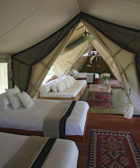 multi room tents | Now this is glamping...multi-room tent with exquisite furnishings! Yep ... Tenda Camping, Camping Snacks, Camping Vacation, Interior Design Minimalist, نباتات منزلية, Appartement Design, Dekorasi Kamar Tidur, Luxury Camping, Camping Glamping