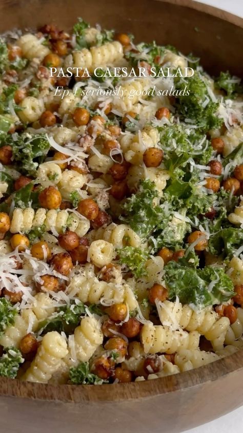 Jess Hoffman | Kale Pasta Caesar Salad!😍 Welcome to episode one of seriously good salads! Today we’re making a kale pasta caesar salad with crispy… | Instagram Pasta Ceased Salad, Pasta And Kale Salad, Ceasar Kale Pasta Salad, Whole Foods Pasta Salad Recipes, Caesar Salad With Chickpeas, Cesar Kale Salad, Pasta Ceasar Salad Chicken, Chickpeas With Pasta, Pasta Salad Recipes Chickpeas