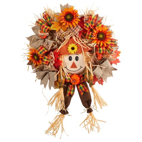 "Shop 30\" Scarecrow Autumn Wreath at Michaels. com. Accent your bare walls and door space with this decorative wreath! Keep the birds and goblins away with this Scarecrow Fall Artificial Wreath. Make it festive but fun and cute. Sure to be a conversation starter during Thanksgiving, vivid hued flowers look incredibly lifelike, nestled in between, lies the scarecrow's head with a little sunflower on the hat. Make the harvest season a little warmer by hanging it in areas that need a focal point. Indoor Fall Decor, Sunflower Pumpkin, Fall Acorns, Scarecrow Wreath, Material Wreaths, Harvest Wreath, Silk Floral Arrangements, Artificial Wreath, Autumn Wreath