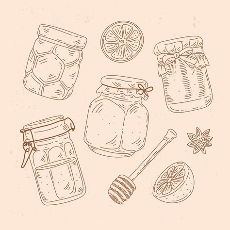 Honey Jar Sketch, Honey Jar Art, Vintage Cute Drawing, Honey Drawing Cute, Honey Dipper Drawing, Vintage Style Drawing, Mason Jar Illustration, Honey Dipper Tattoo, Jelly Jar Tattoo