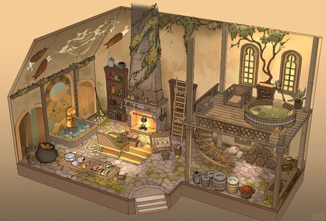 ArtStation - Wizard's home, Julia Guljar Fantasy Bath House Concept Art, Fantasy House Interior Art, Concept Art Room, Nautical Drawing, Drawing Room Concept, Interior Concept Art, Witch Hut, Room Concept, Romantic Drawing