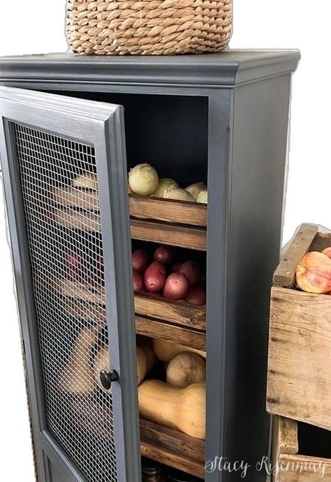 Food Storage Furniture, Outside Pantry Storage Ideas, Wood Kitchen Storage Cabinets, Vegetable Cabinet Storage, Diy Veggie Storage, Wooden Produce Storage, Fruits Storage Kitchen, Diy Root Vegetable Storage Bin, End Cabinet Storage