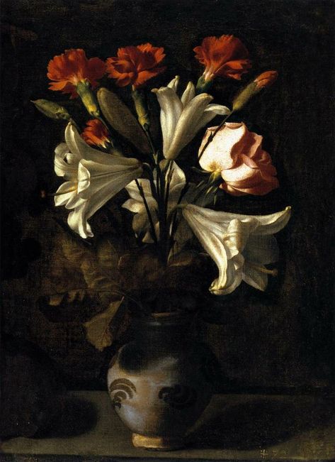 .:. Francisco de Zurbarán, Still life with flowers // Francisco de Zurbarán, Bodegón con flores National Art Museum, Spanish Art, Parrot Tulips, Definition Art, Religious Paintings, Baroque Art, European Art, Still Life Art, Caravaggio