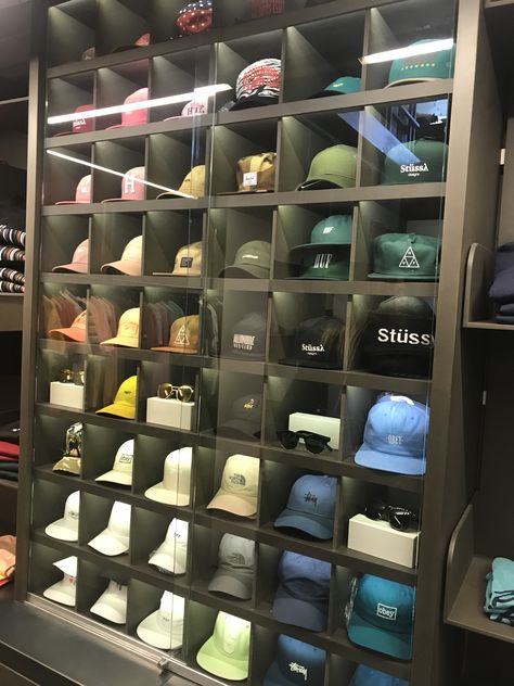 Hat Collection Display, Shoe Collection Display, Kallax Closet, Diy Hat Storage, Mens Hat Store, Baseball Hat Storage, Shoe Rack Room, Shoe Store Design, Store Shelves Design