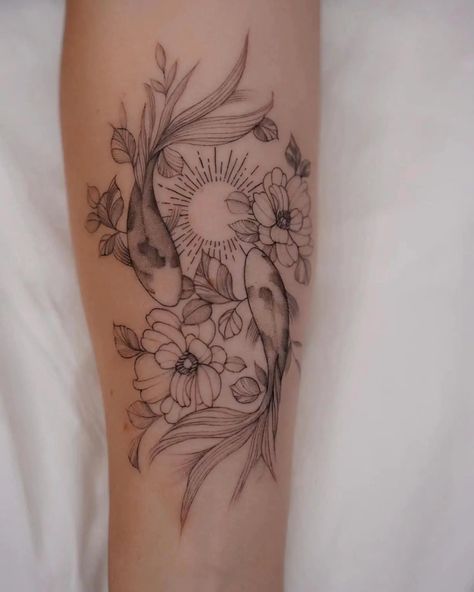 Pisces Tattoo With Flowers, Pisces Tattoo Designs, Lillies Tattoo, Flower Tattoo Meanings, Pisces Tattoos, Tattoos For Women Half Sleeve, Koi Tattoo, Upper Arm Tattoos, Koi Fish Tattoo