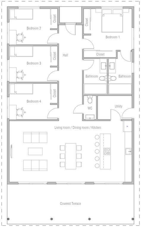 Four Bedroom House Plans, Rumah Moden, Simple Floor Plans, 5 Bedroom House Plans, Pelan Rumah, Modern Floor Plans, Affordable House Plans, Small House Floor Plans, 4 Bedroom House Plans