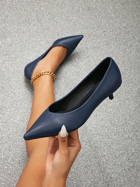 Women Minimalist Point Toe Kitten Heeled Court Pumps, Fashion Outdoor PumpsI discovered amazing products on SHEIN.com, come check them out! Blue Court, Navy Blue Pumps, Kitten Heel, Kitten Heels, Fashion Forward, Fashion Shoes, Navy Blue, Pumps, Exterior