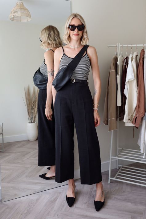 Summer Black Trousers Outfit, Manolo Blahnik Maysale Outfit, Black Linen Trousers Outfit, Trousers Outfit Night Out, Trousers Outfit Summer, Black Trousers Outfit, Black Summer Outfits, Manolo Blahnik Maysale, Summer Workwear