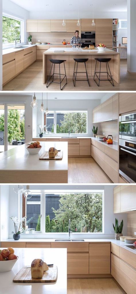 Large Window, Recipe Books, Hus Inspiration, Trendy Kitchen, Wooden Kitchen, Counter Tops, Wood Kitchen, Kitchen Layout, Küchen Design