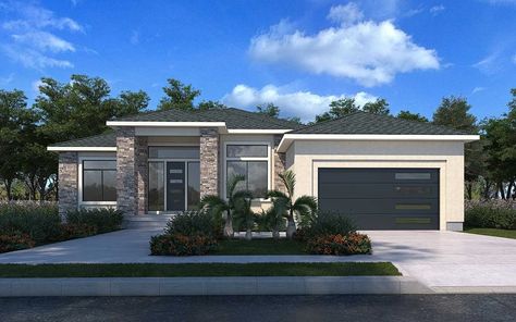 One Level House With Garage, Modern Homes Front View, Single Family Floor Plans, Modern House Design 1 Story, Modern House Exterior 1 Floor, Modern House Exterior 1 Story, 1 Story Modern House Exterior, 2000 Sq Ft Modern House Plans, Modern Mediterranean House Plans