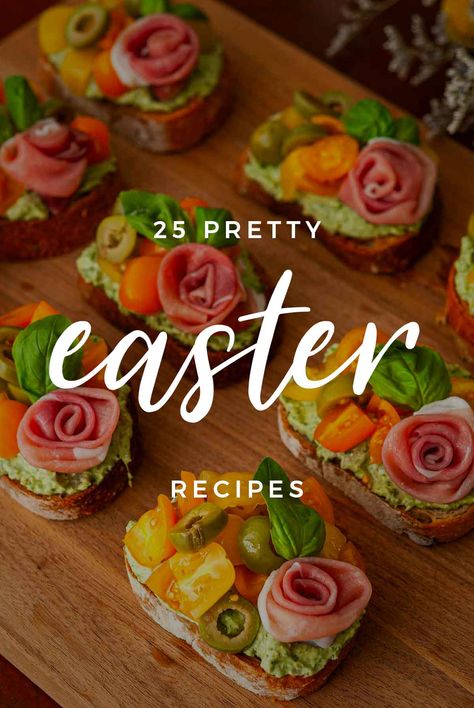 These 25 pretty Easter recipes include elegant entrees, delightful sides, colorful appetizers, floral cocktails, and charming desserts too! Tea Party Main Dish, High End Tea Party, Spring Hors D’oeuvres, Spring Tea Party Food, Easter Buffet Ideas, Easter Food Ideas Lunch, Easter Buffet Ideas Food, Colorful Appetizers, Easter Appetizers Ideas