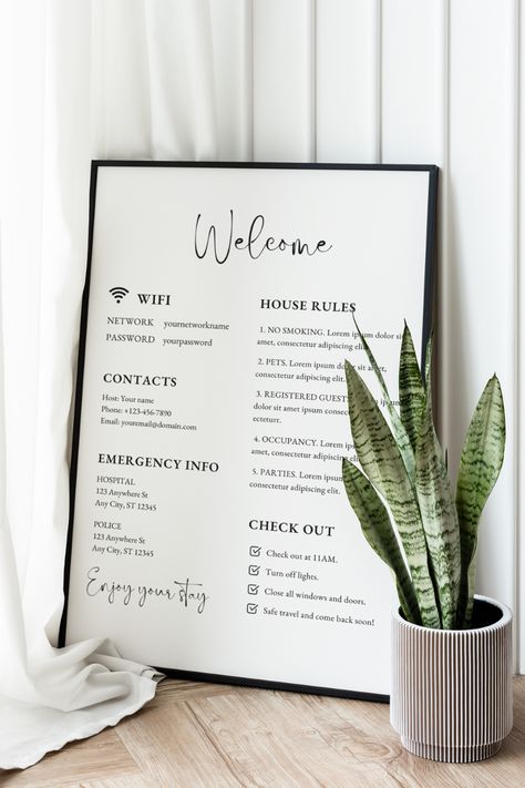 Decorate Airbnb, Airbnb Checklist, Arrival Poster, Airbnb Welcome Sign, Welcome Basket, Airbnb House, Wifi Sign, Airbnb Design, Airbnb Rentals