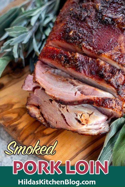 This smoked pork loin is tender, juicy, and so flavorful! The loin is pierced with a compound butter made with garlic and serranos, then generously seasponed with a delicious pork rub! Pork Loin Recipes Traeger, Pork Loin Traeger, Smoked Stuffed Pork Loin, Pork Loun, Grilled Pork Loin Recipes, Smoked Pork Loin Roast, Assyrian Recipes, Smoked Pork Roast, Smoked Pork Loin Recipes