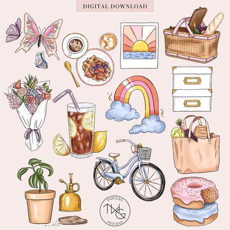 Picnic Stickers Printable, Vision Board Clip Art Printables, Spring Stickers Aesthetic, Overlays Web, Spring Icons, Spring Clip Art, Plant Herbs, Spring Stickers, Drawn Icons